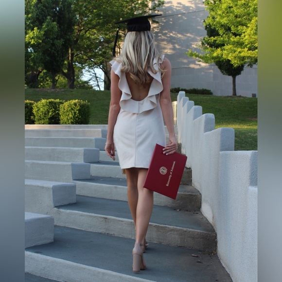 Backless Cream Suede Cocktail Dress w/ Ruffle Detail - Picture 1 of 7
